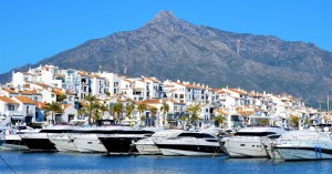 Luxury yachts lined up in the harbour of Puerto Banus, Marbella